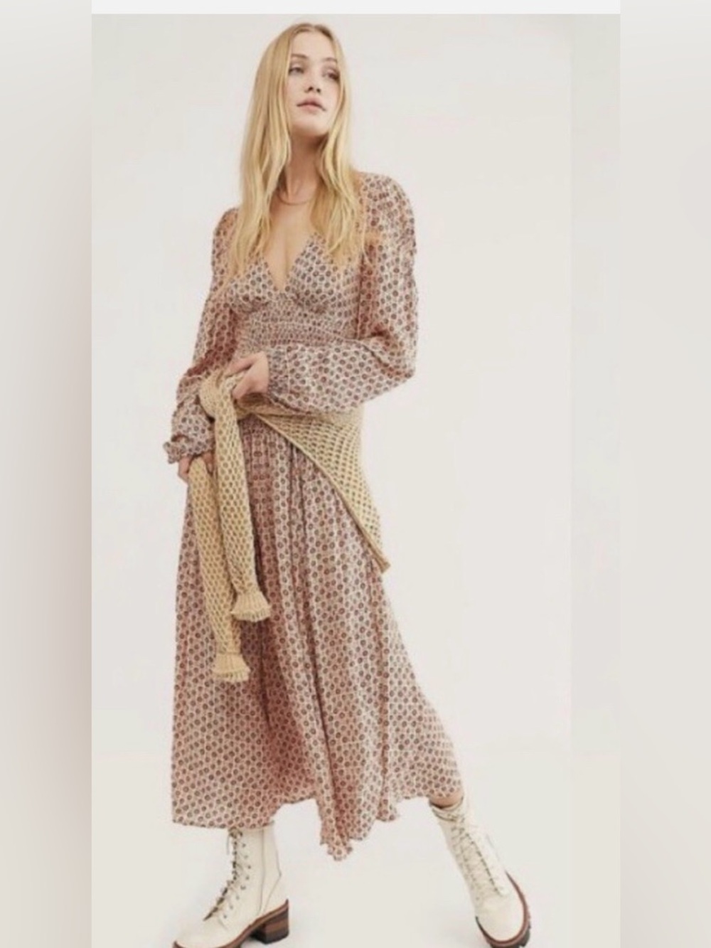 Free People Indigo Child Midi Dress Boho Long Sleeve in Blush bohemian Floral M